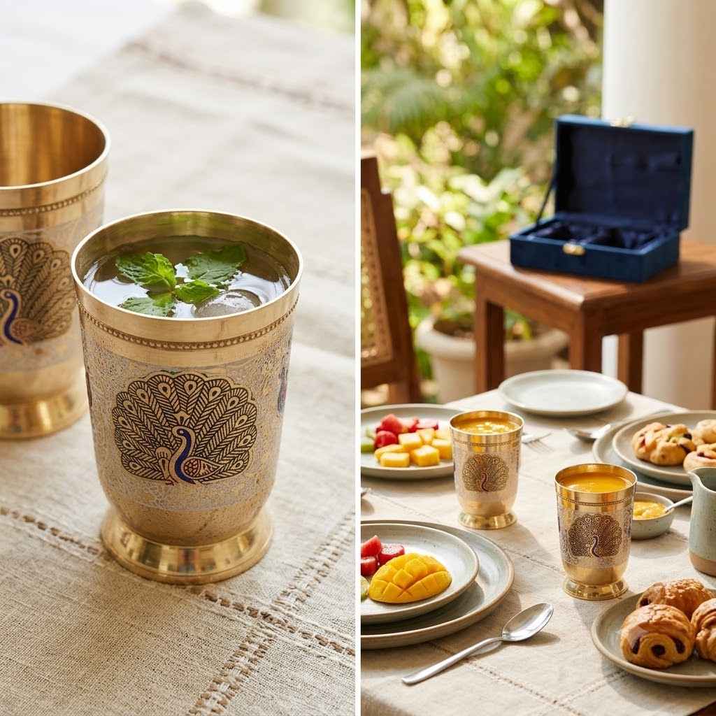 Pure Brass Peacock Design Glass with Gift Box Yoga & Ayurveda,
