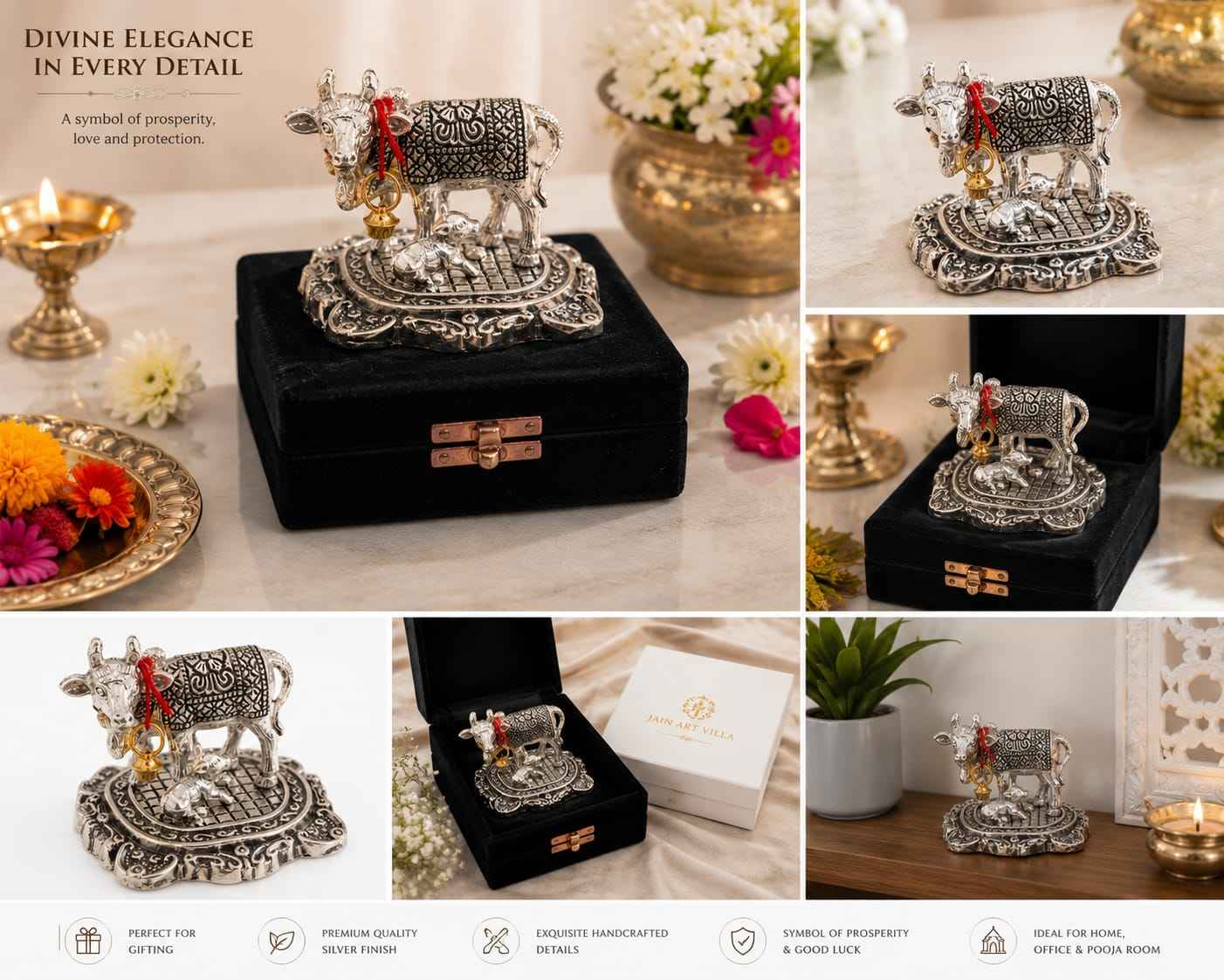 German Silver plated Kamdhenu Cow Idol with Calf Vastu & Pooja Decorative