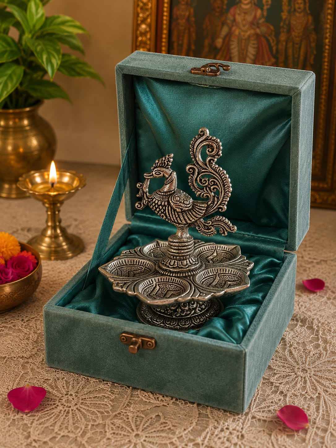 Antique Silver Panchmukhi Peacock Diya for Mandir, Festivals & Home Décor