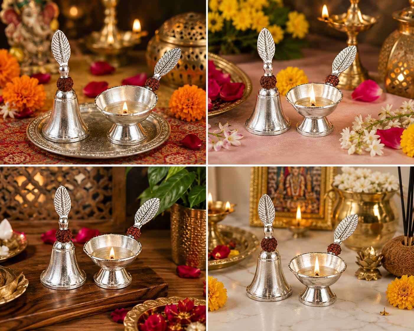 Handmade Silver Bell & Diya Set with velvet box