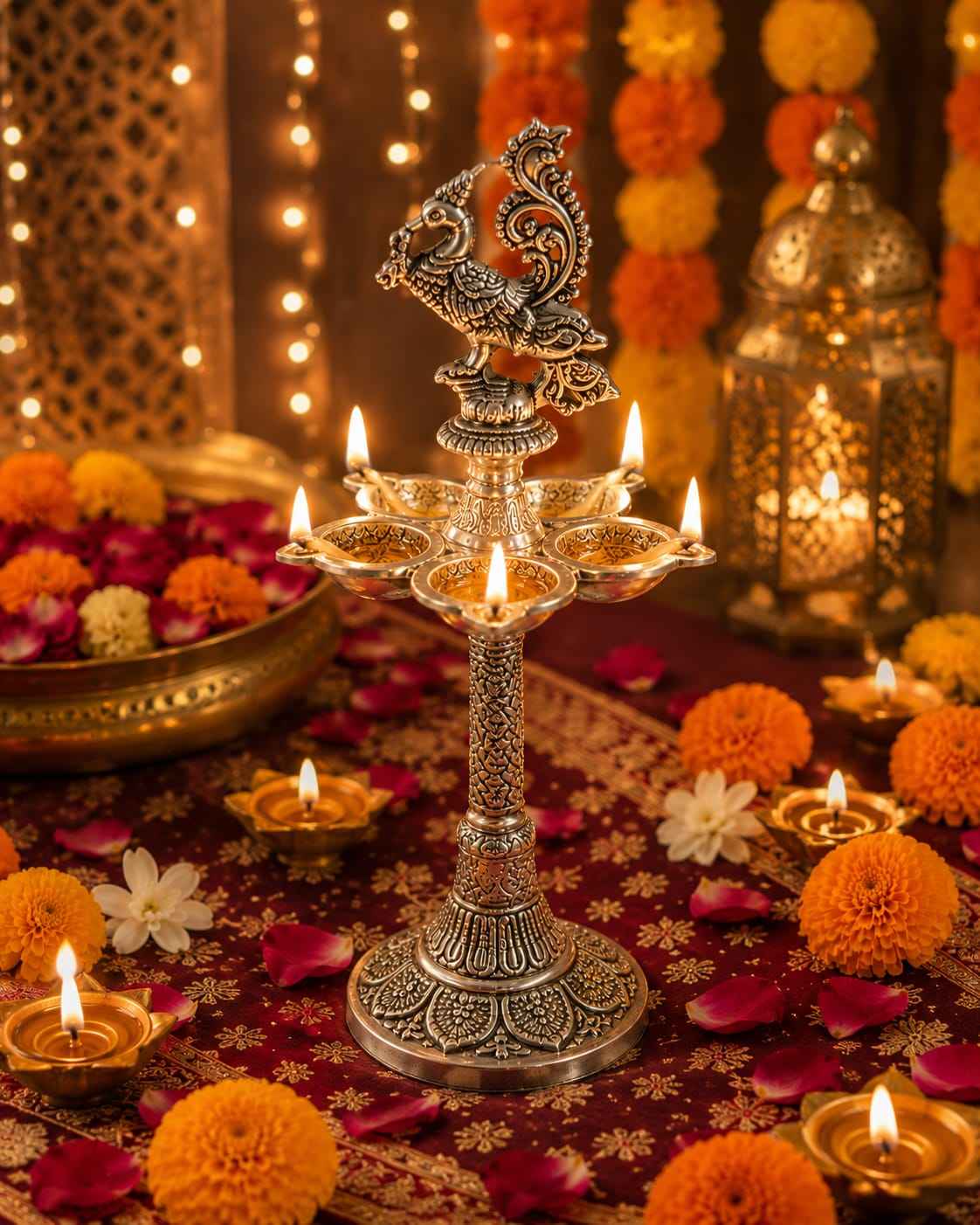 Luxury Silver Finish Peacock Panchmukhi Oil Lamp | Spiritual Home Décor & Pooja Essentia 2