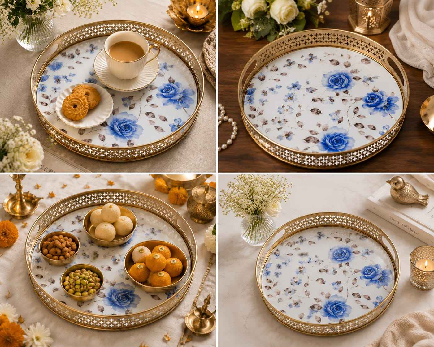 Luxury Gold Finish Metal Enamel Round Serving Tray Set – Decorative Tea Serving Platters with Floral Print