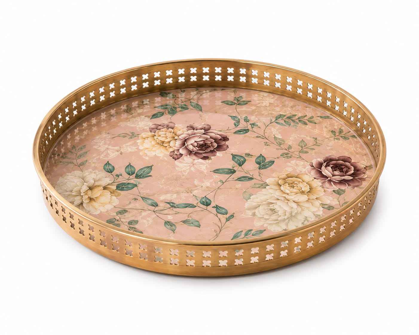 Luxury Gold Finish Metal Enamel Round Serving Tray Set – Decorative Tea Serving Platters with Floral Print