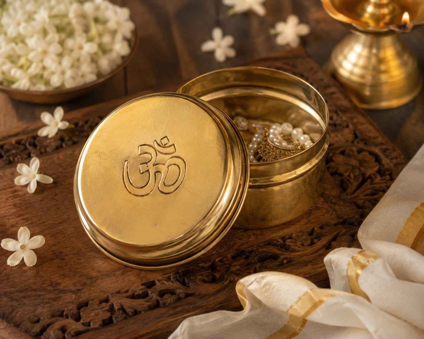 Handcrafted Brass Om Dibbi for Kumkum, Haldi & Pooja Essentials 300ml (Pack 0f1)