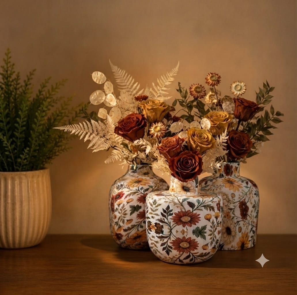 Floral Metal Planter Set of 3 – Unbreakable Vintage Vases 8,10,12 inch