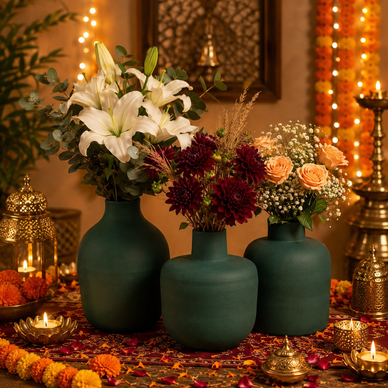 Metal Vase Set of 3 – 8", 10", 12" Matte Teal Decorative Pots