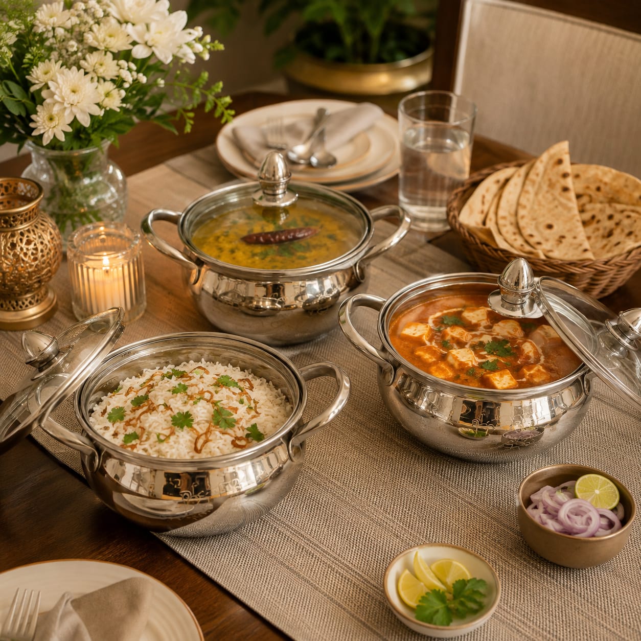 Premium Stainless Steel Handi Set with glasse – Elegant Cook & Serve Collection