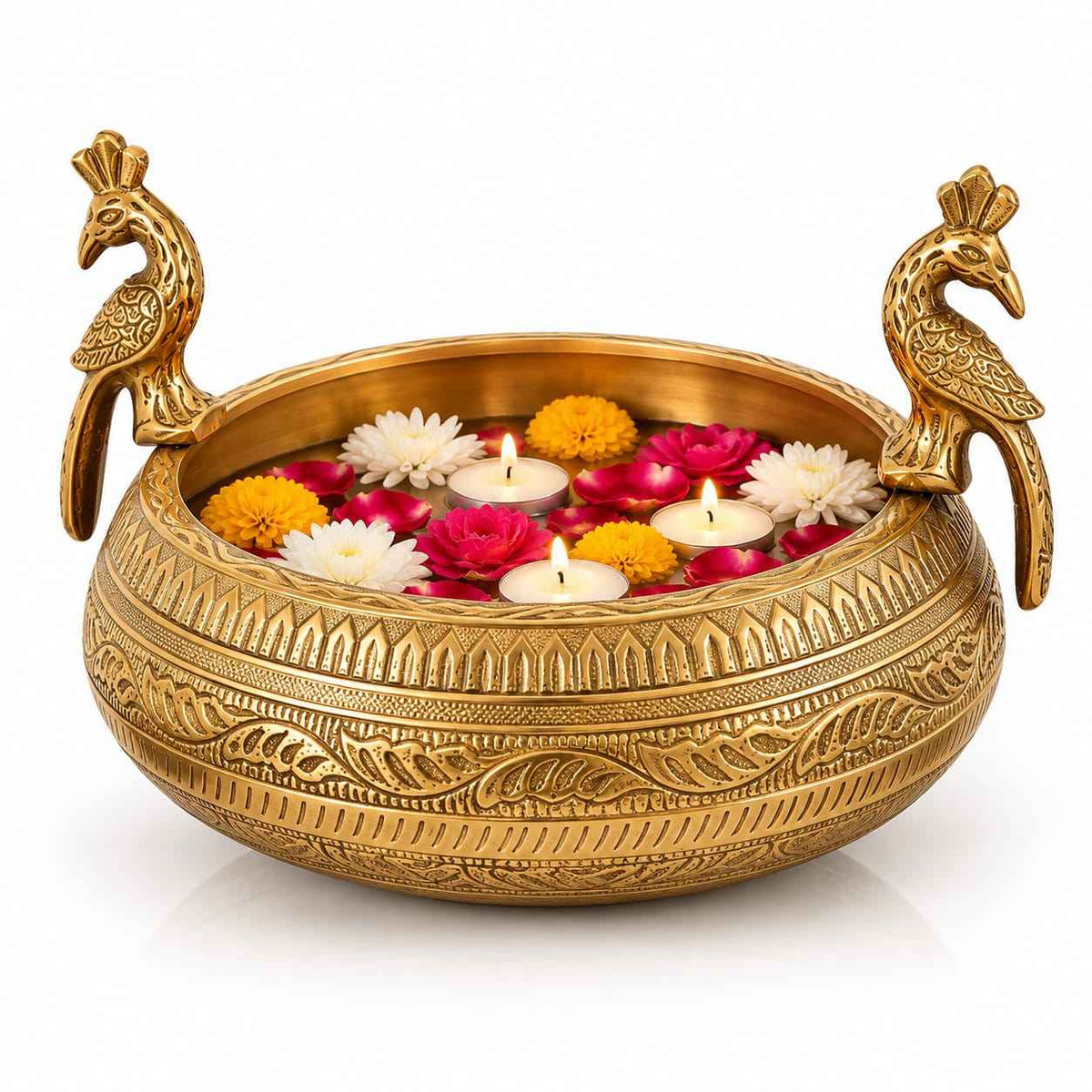 Brass Urli Bowl with Peacock Handles | Floating Candle Bowl