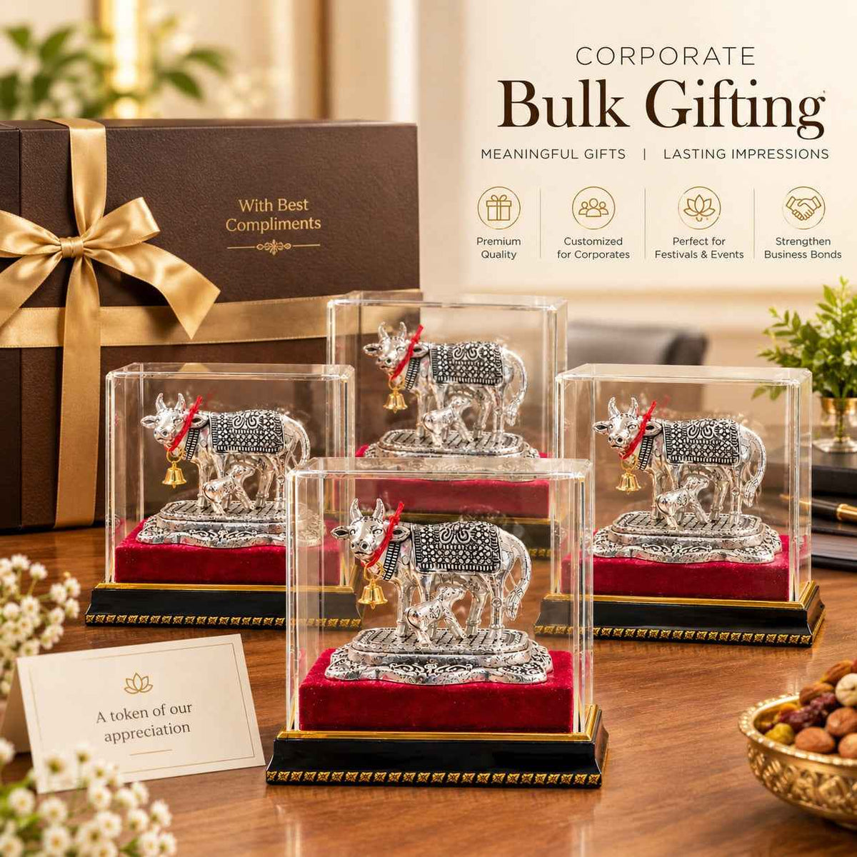 German silver Kamdhenu Cow with Calf Idol – Silver Finish Statue with Bell, Glass Case & Wooden Stand