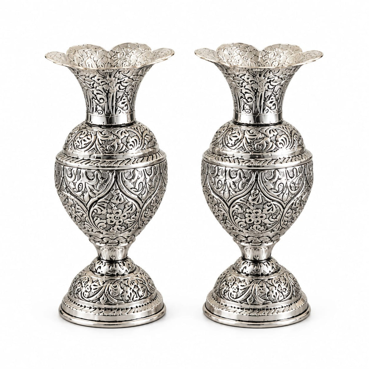 Traditiona German Silver Vases (Pair) – Ornate Floral Engraving, Ideal for Wedding Gifting