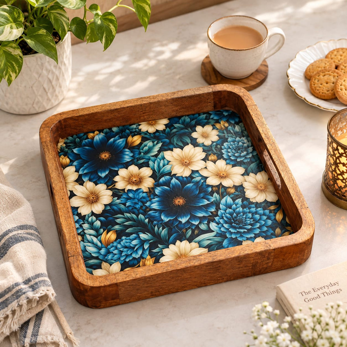 Handcrafted Wooden Serving Tray with Blue Floral Print | Square Mango Wood Tea Tray with Handles