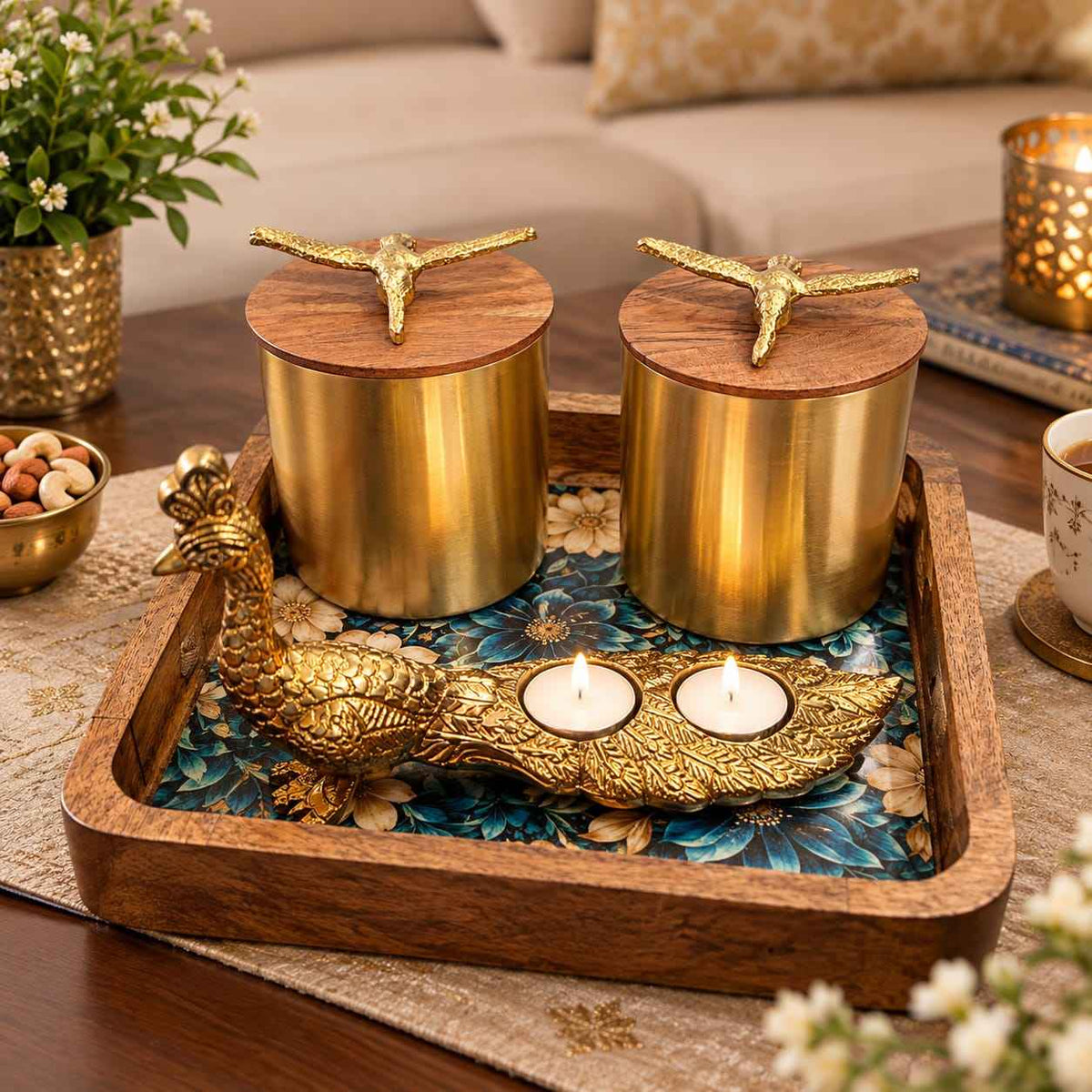 Mango Wood Tray with Brass Peacock Tealight Holder & 2 Storage Jars