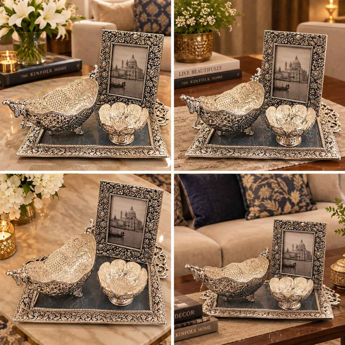 Royal Antique German Silver Coffee Table Decor Set – Tray, Fruit Bowl, Petal Bowl & Photo Frame
