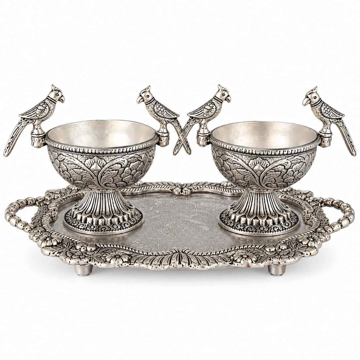German Silver Parrot Bowl Set with Tray Handcrafted Decor