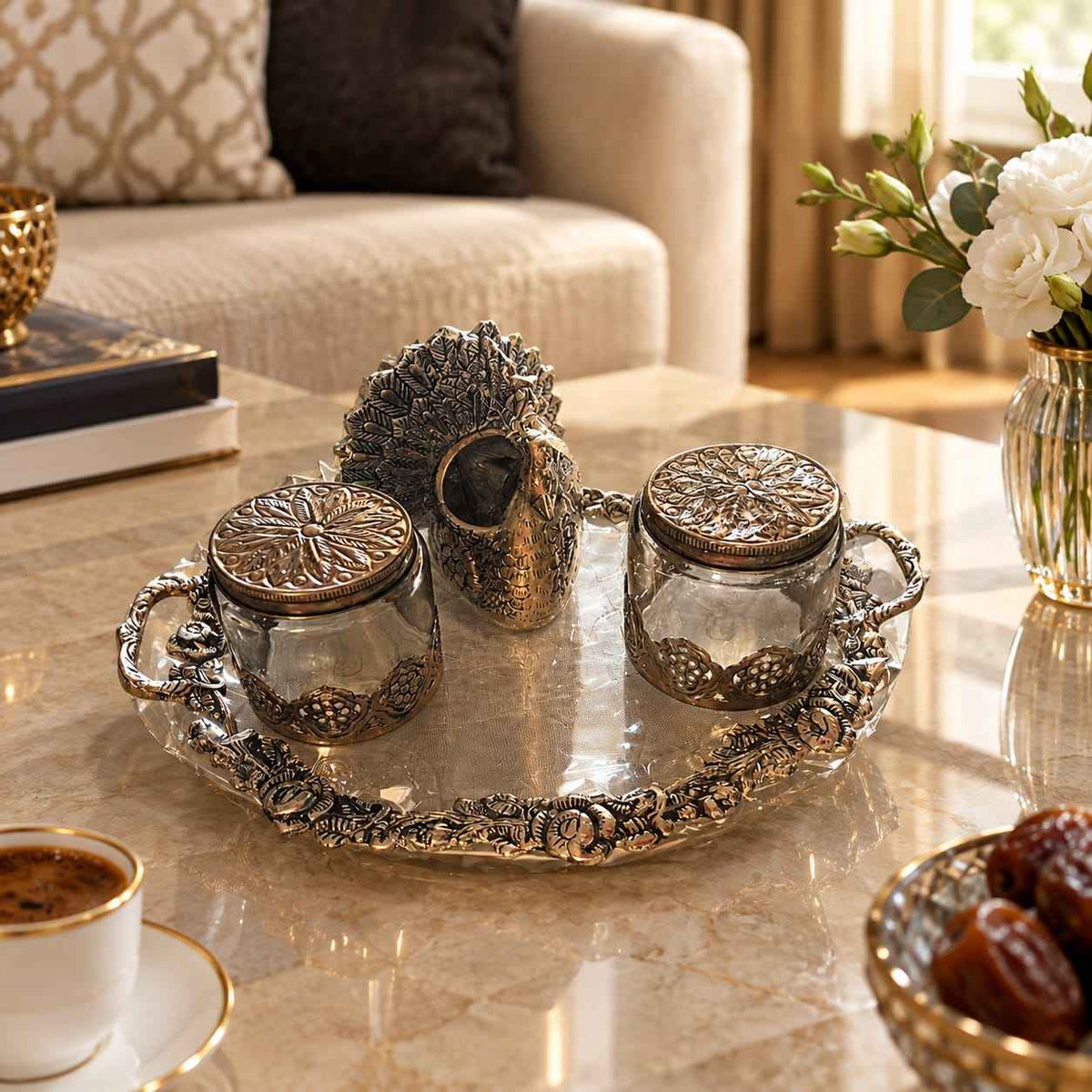 German silver Dry Fruit Storage Jars with Peacock lamp Tray Hamper