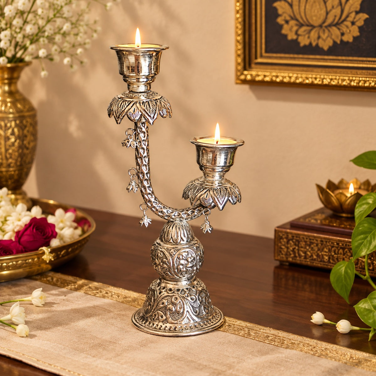 Handcrafted Antique German Silver Tealight Holder with Curved Arm and Engraved Base – Home Decor Showpiece