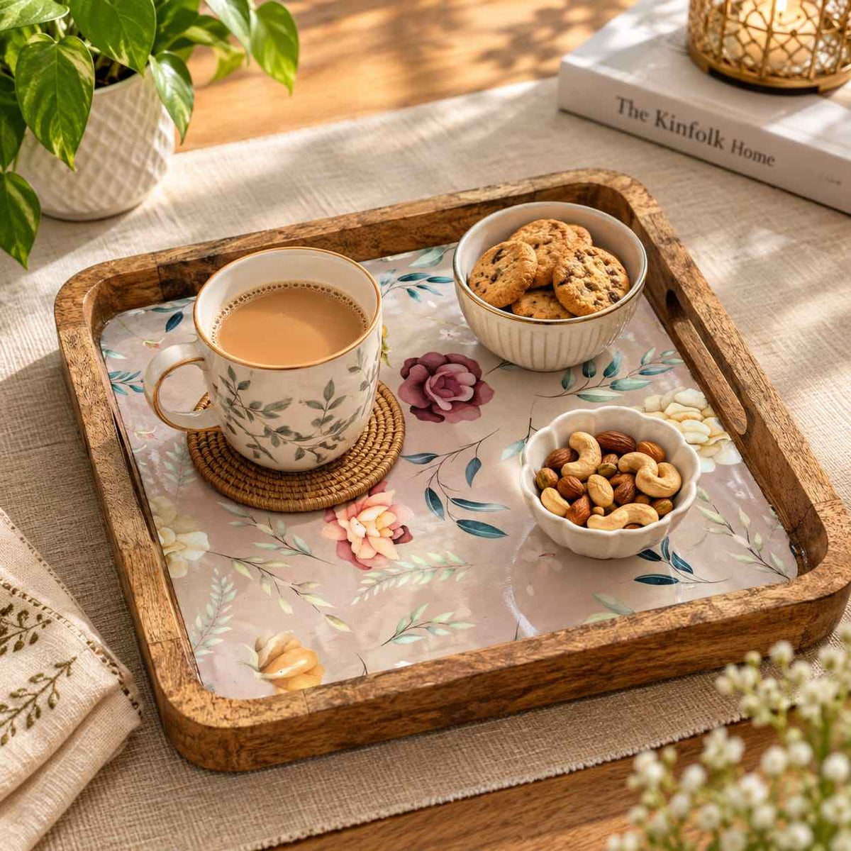 Handcrafted Wooden Serving Tray with Blue Floral Print – Square Mango Wood Tea Tray with Handles (Copy)