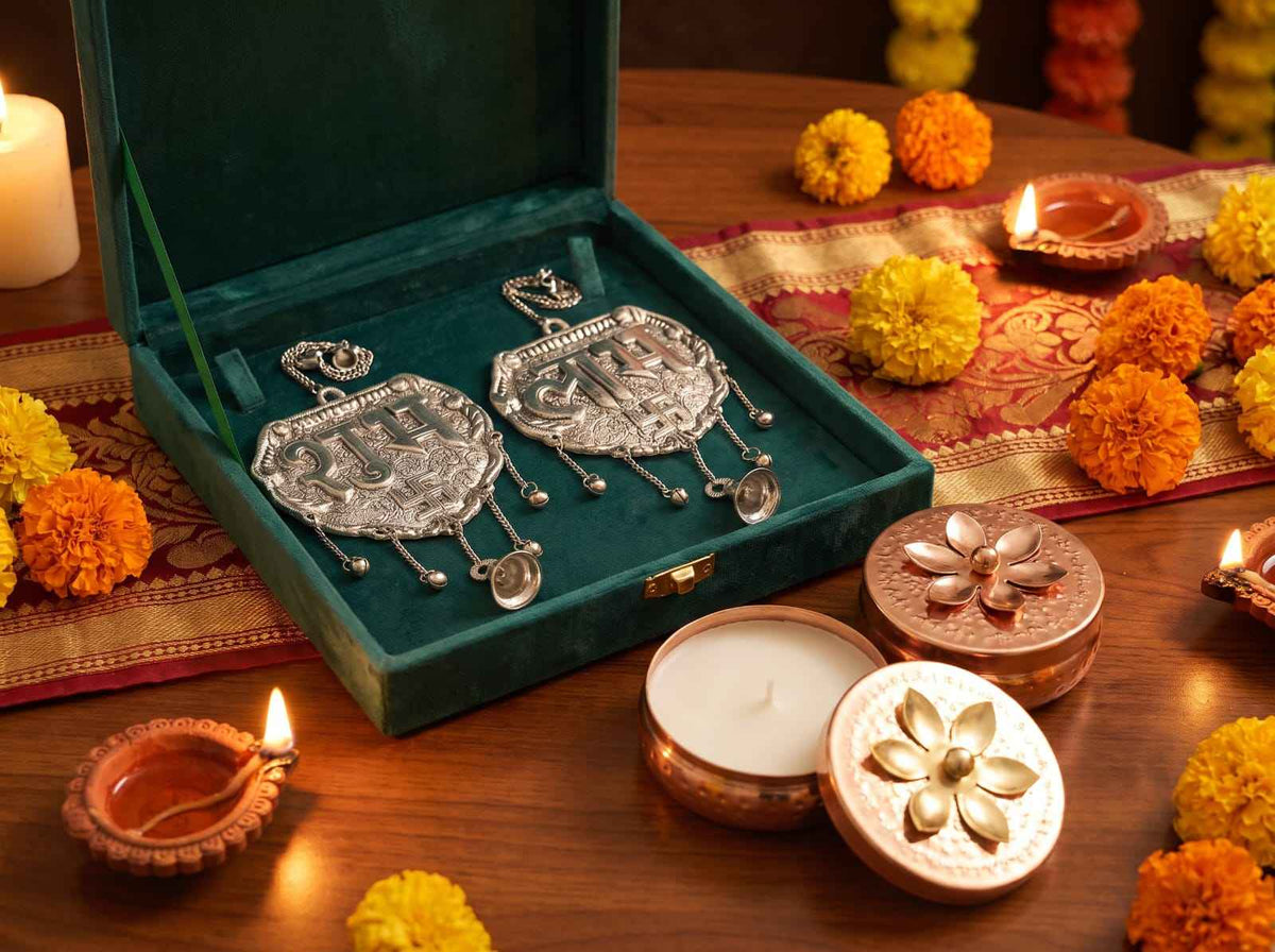 Shubh Labh Diwali Gift HamperSilver Plated Wall Hangings with Metal candles