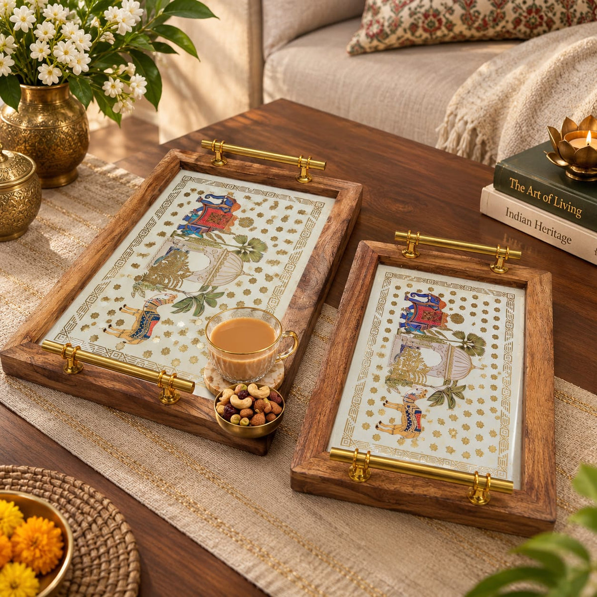 Handcrafted Wooden Serving Tray with Brass Handles set of 2