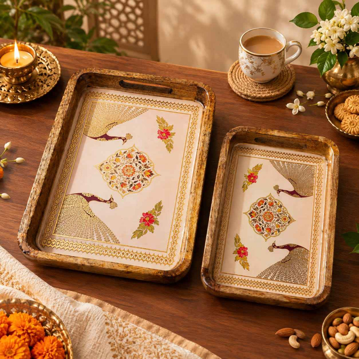 Set of 2 Wooden Serving Trays with Floral Print and Cut-Out Handles 13*9, 11*