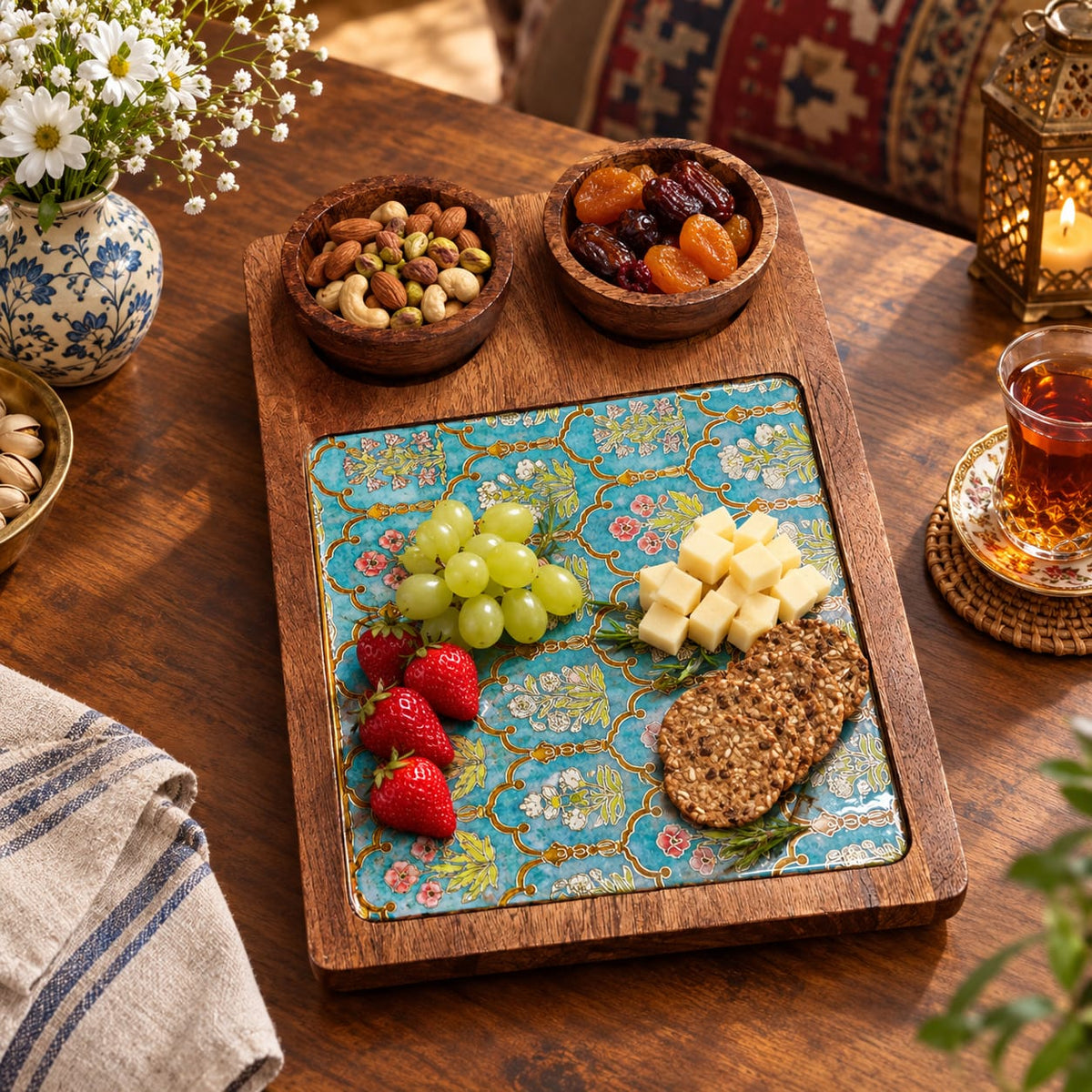 Wood Serving Tray with Floral Enamel Inlay & Snack Bowls: Charcuterie and Cheese Board