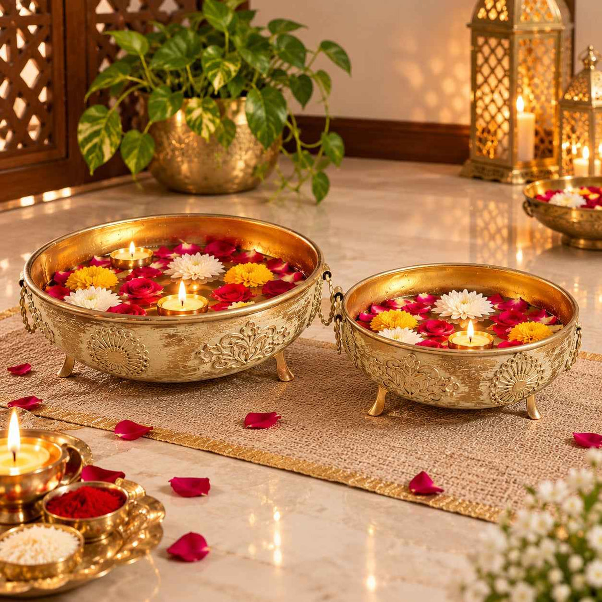 Antique Metal Urli Bowls, Set of 2 (6" & 8") – Floating Flowers & Candles