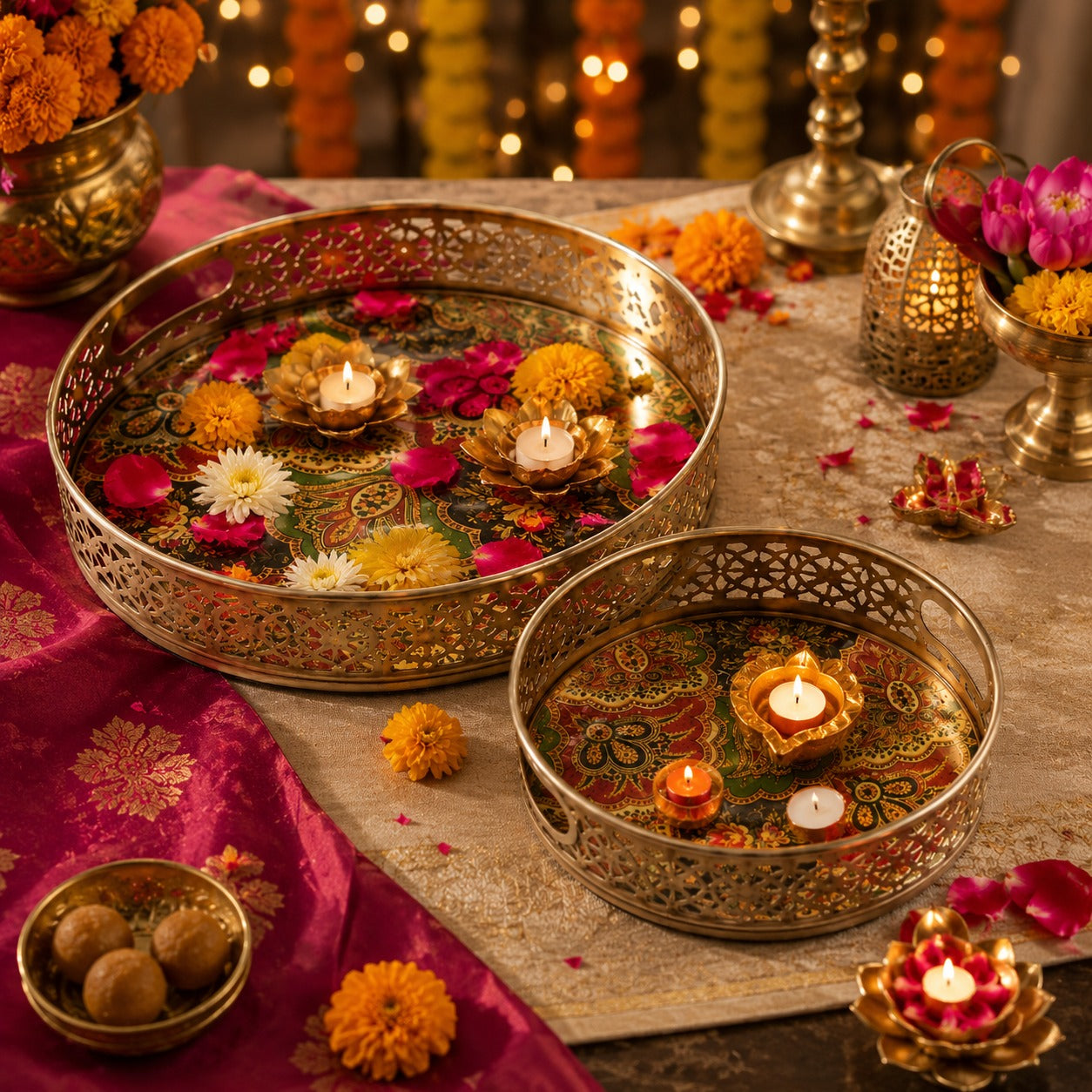 Luxury Gold Finish Metal Enamel Round Serving Tray Set – Decorative Tea Serving Platters with Floral Print