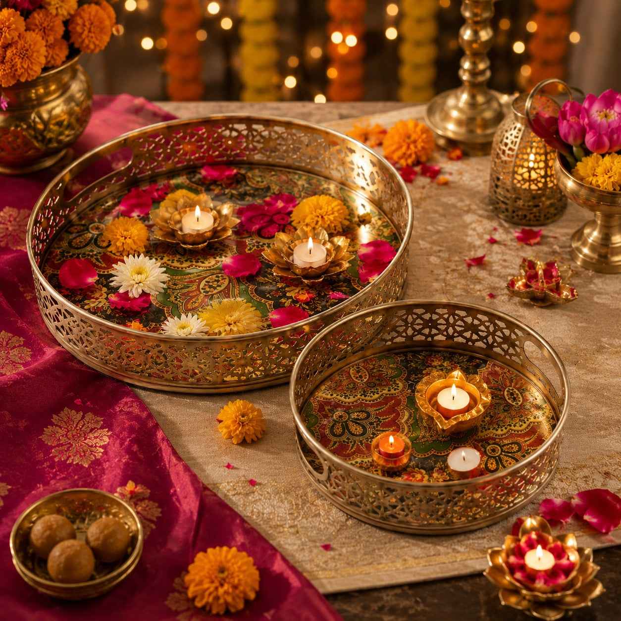 Luxury Gold Finish Metal Enamel Round Serving Tray Set – Decorative Tea Serving Platters with Floral Print