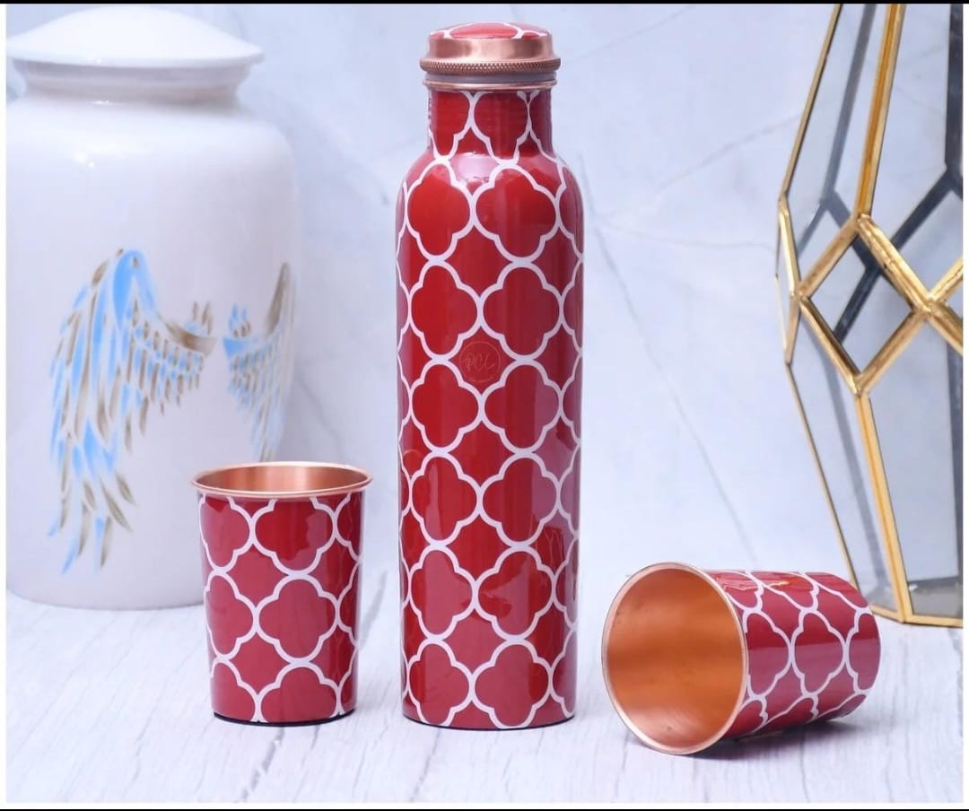 Traditional Abstract Floral Design - 100% Pure Copper Bottle Set with 2 Glasses