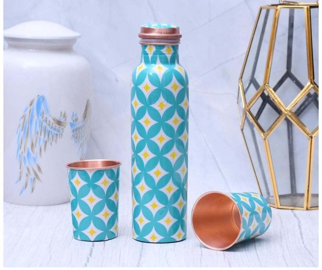 Modern Abstract Triangular Design - 100% Pure Copper Bottle Set with 2 Glasses