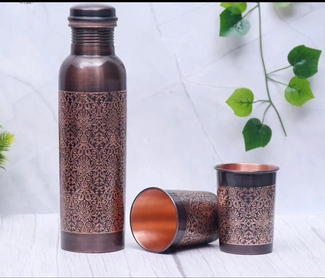Traditional Indian Pattern Design - 100% Pure Copper Bottle Set with 2 Glasses
