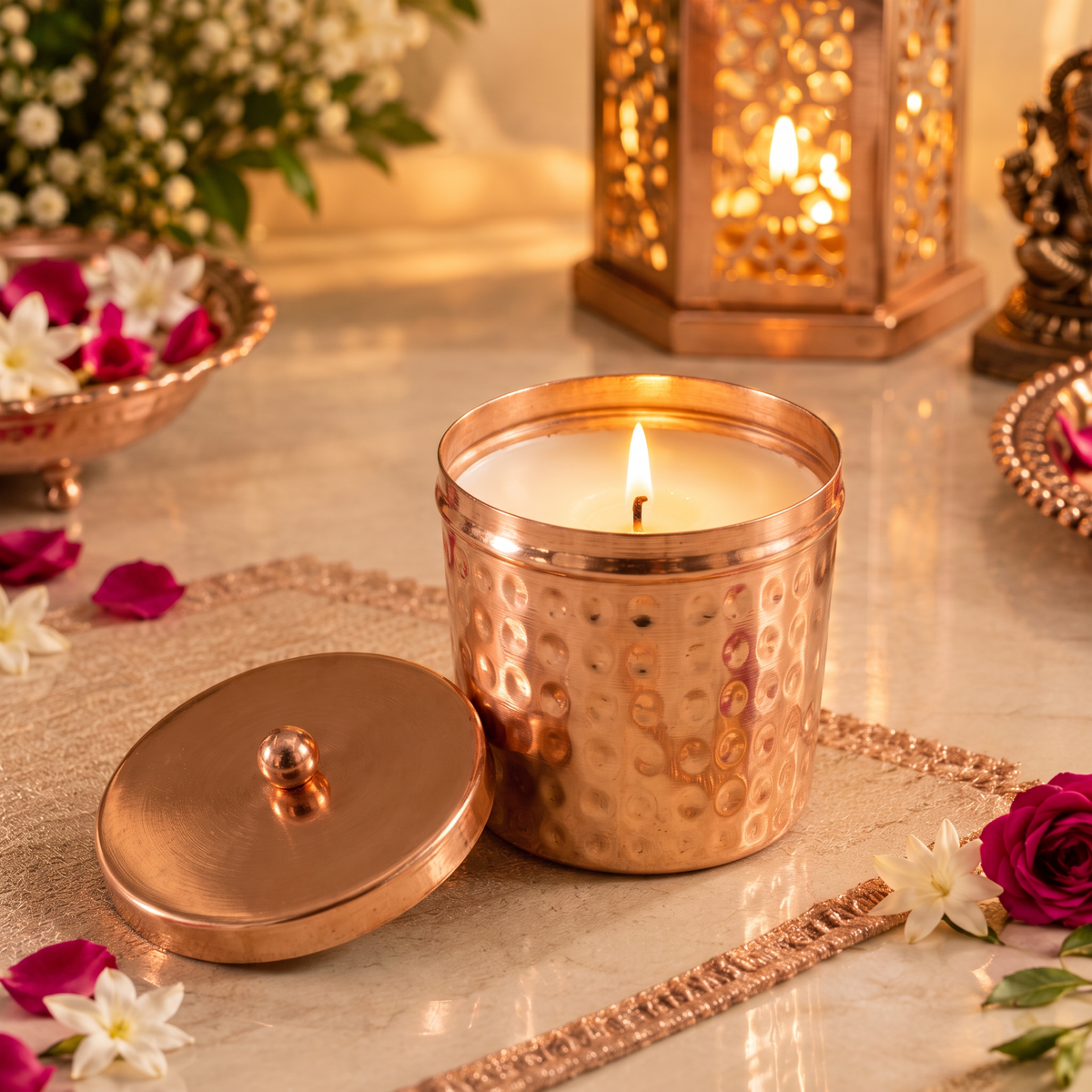 Hammered Brass Jar Candle with Lid | Set of 6 Handcrafted Copper Candles for Diwali Gifting & Festive Decor