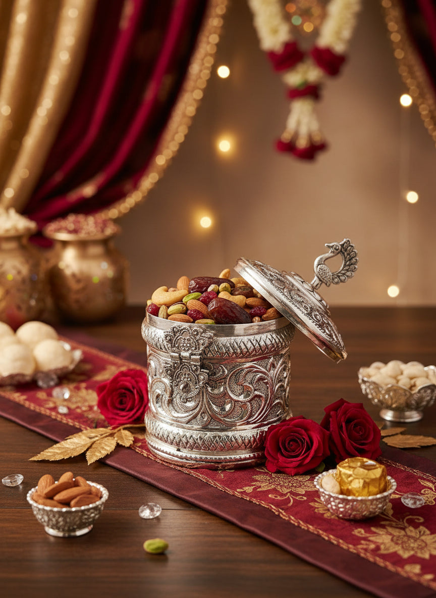 Silver Plated Peacock Knob Lidded Container – Handcrafted Embossed Canister for Dry Fruits, Mithai & Spices