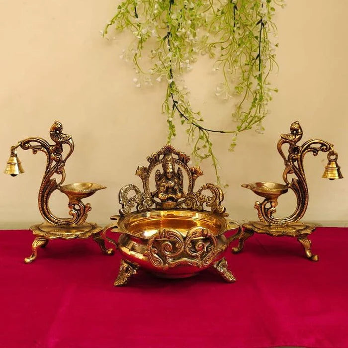 Gold Brass Maa Lakshmi Urli and Peacock Diya Set