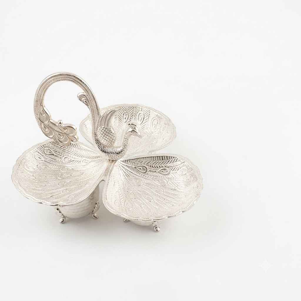 Peacock Design Silver Tray with Compartments – Decorative Snack & Nuts Serving Dish