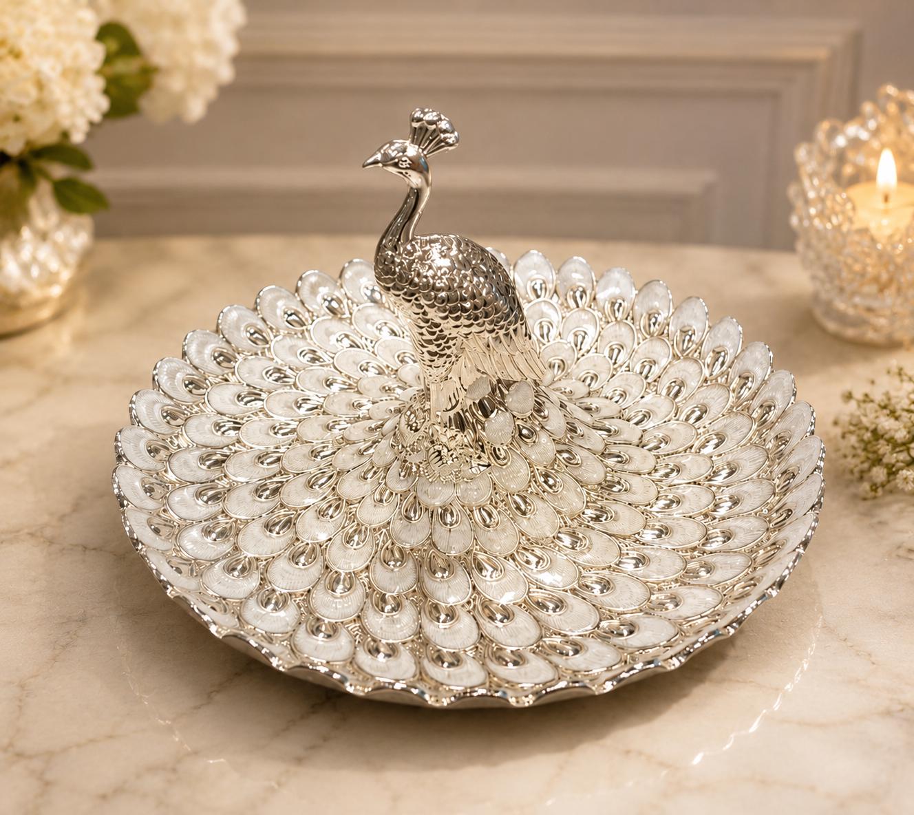 Luxury Silver Peacock Jewellery Organizer Tray | Elegant Centerpiece for Home Décor & Festive Gifting
