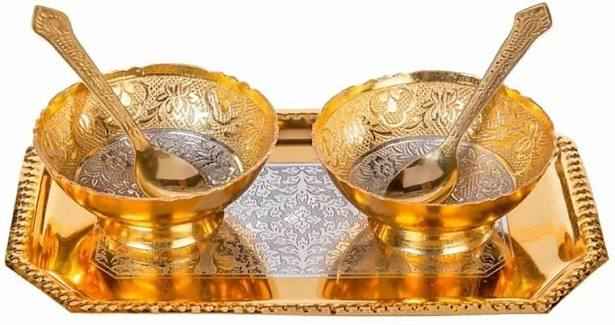 Gold Plated Brass Bowl & Spoon Set of 2 with Red Velvet Gift Box Pack of 6