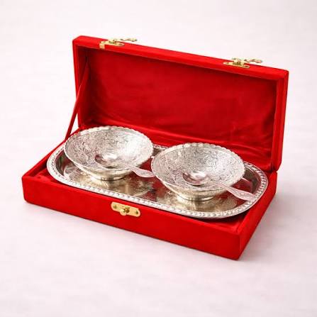 Silver Plated Brass Bowl & Spoon Set of 2 with Red Velvet Gift Box Pack of 6