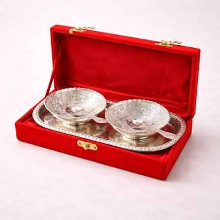 Silver Plated Brass Bowl & Spoon Set of 2 with Red Velvet Gift Box Pack of 6