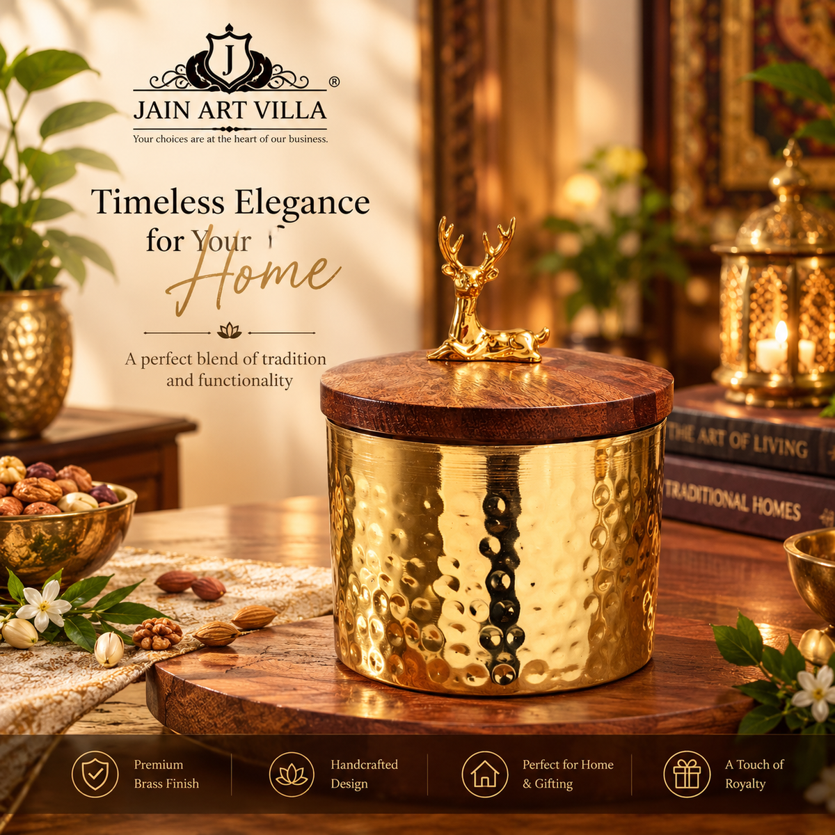 Hammered Brass Finish Storage Jar with Wooden Lid & Golden Deer Knob – Decorative Dry Fruit & Mithai Container