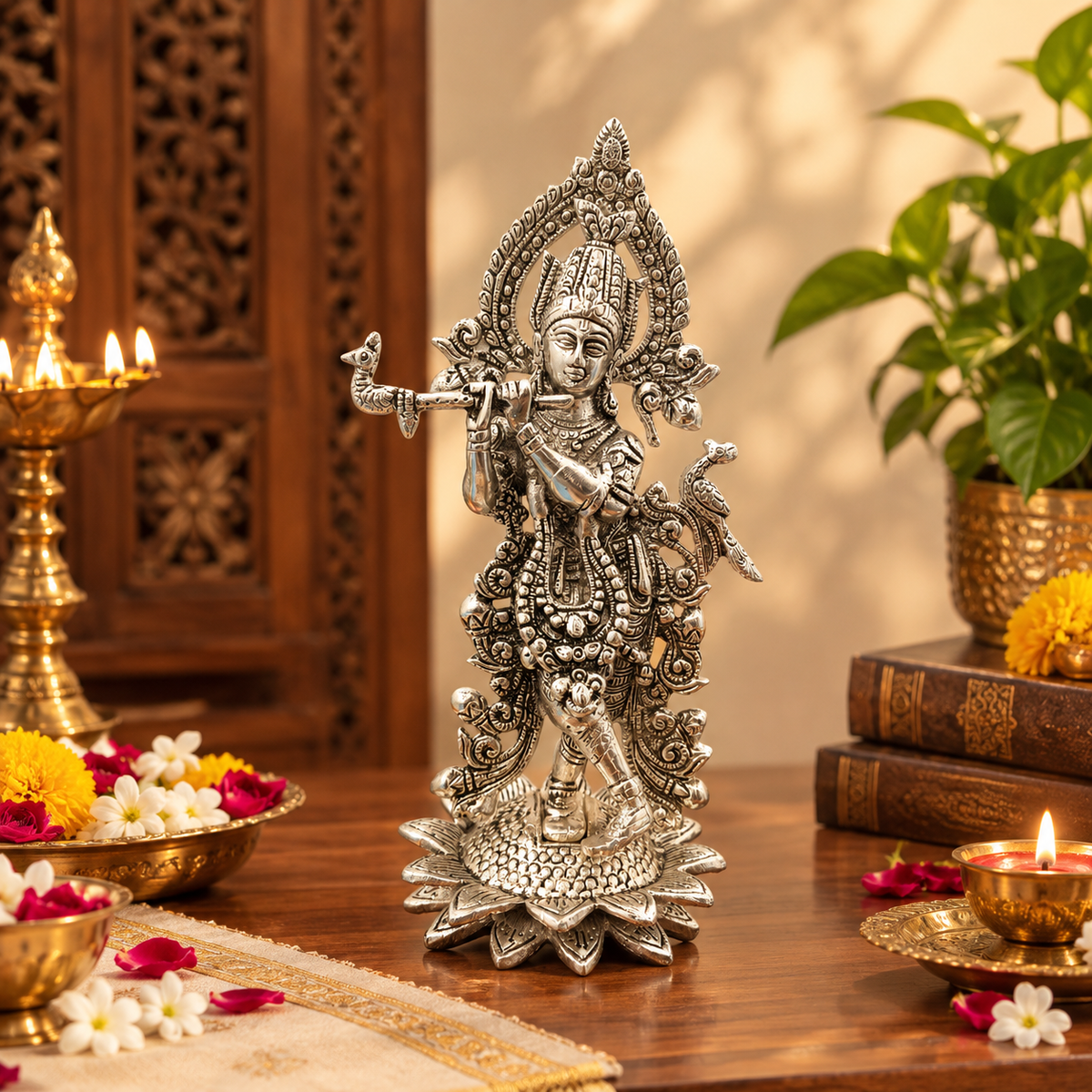 German Silver Lord Krishna Idol Playing Flute on Lotus Base with Wooden Stand – Handcrafted Pooja & Home Decor Murti