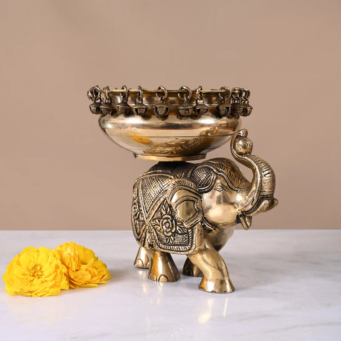 Brass Engraved Elephant themed Ghunghroo Urli