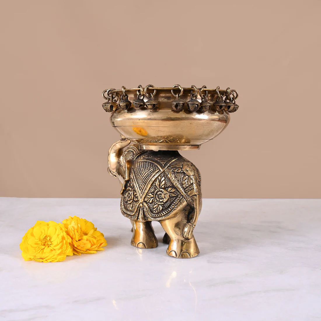 Brass Engraved Elephant themed Ghunghroo Urli