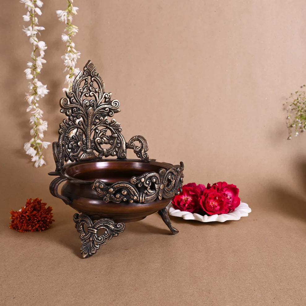 Flower Engraved Antique Themed - Brass Urli