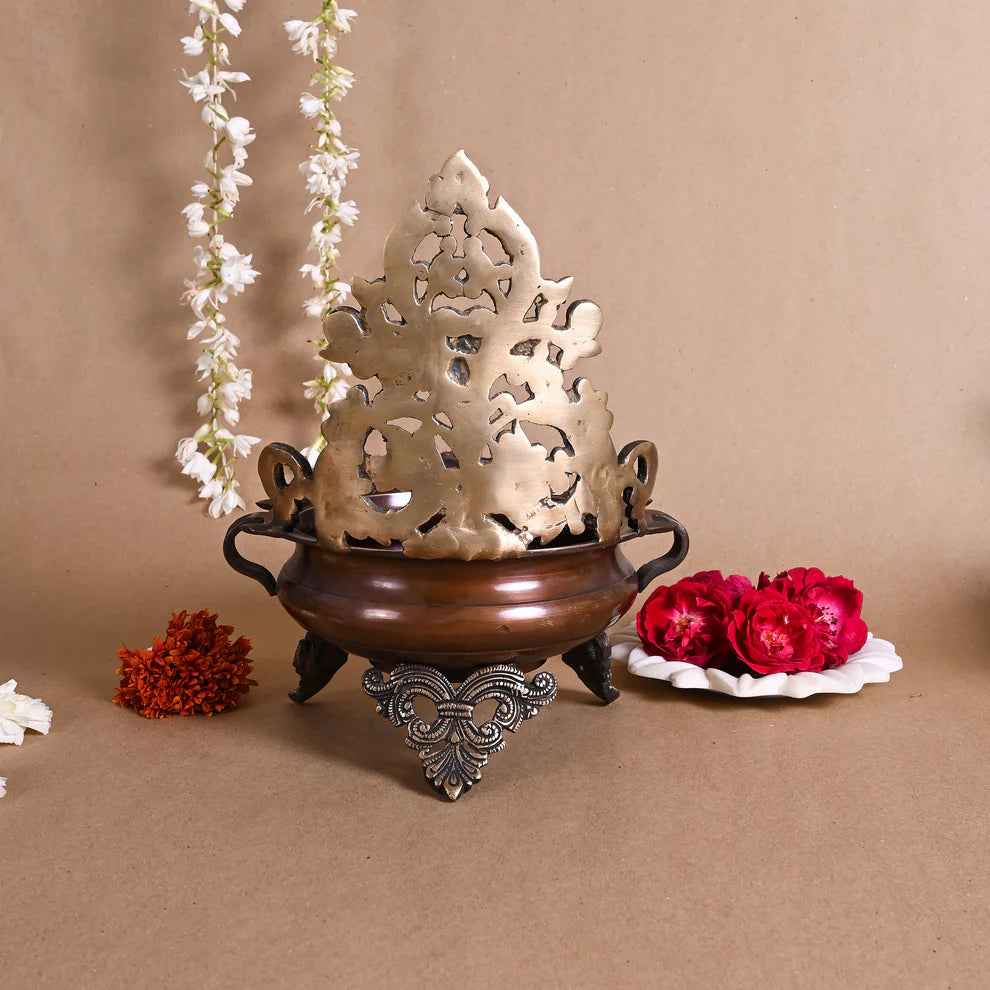 Flower Engraved Antique Themed - Brass Urli