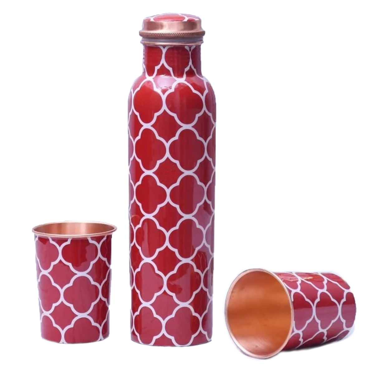 Traditional Abstract Floral Design - 100% Pure Copper Bottle Set with 2 Glasses