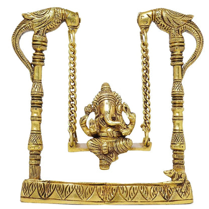 8" Brass Ganesh Swing Statue | Parrot & Mouse Columns | Home Decor | Gold