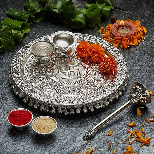 Silver Decorative Puja Thali with Ghungroo