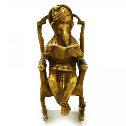 Elegant Brass Ganesha Reading Book on Chair/Brass Ganesha Sitting on Chair Statue