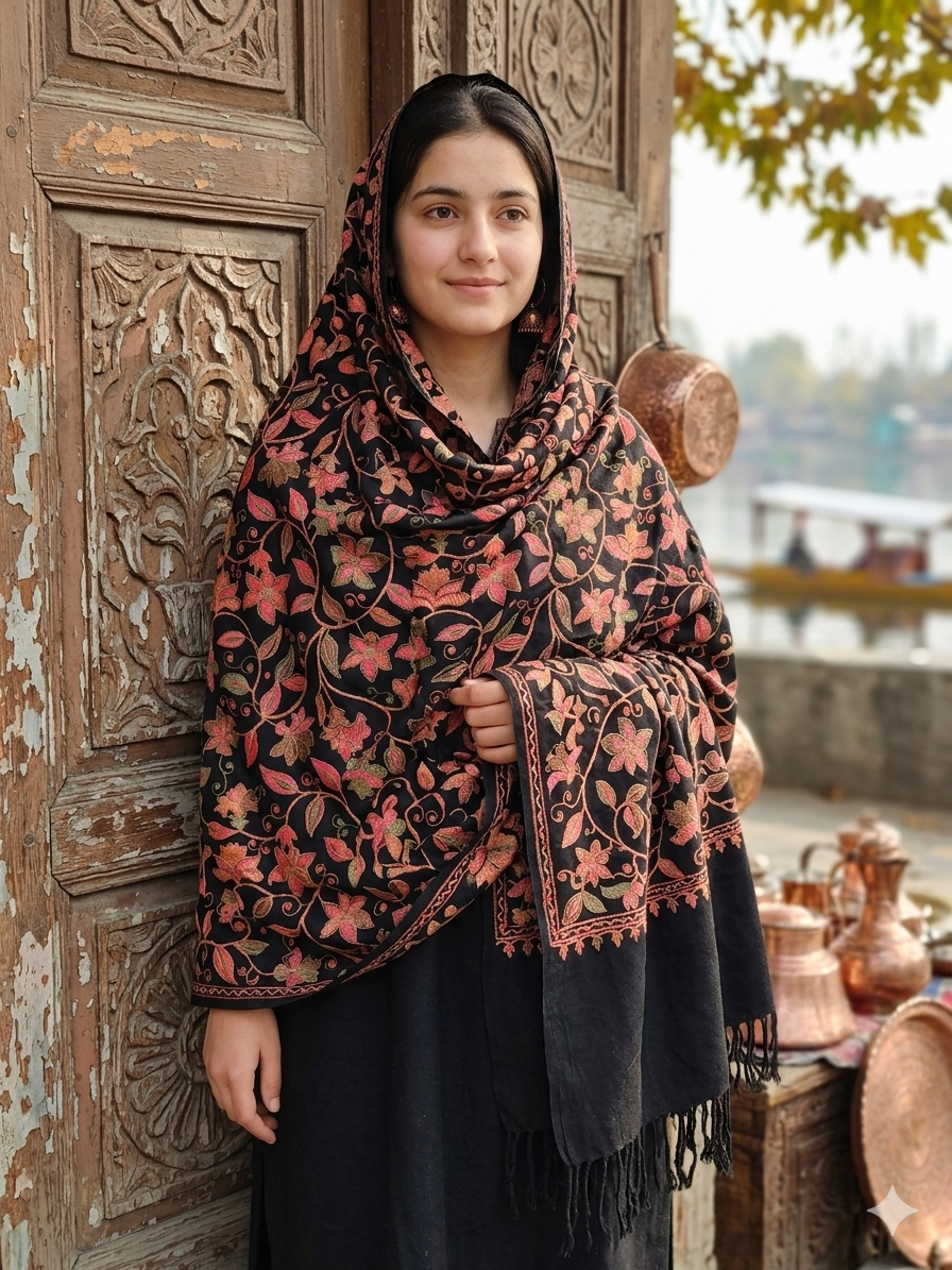 Premium Black Floral Embroidered Pashmina Shawl for Women | Kashmiri Style Winter Wrap | Soft Warm Luxury Shawl